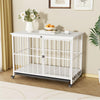 38” Heavy-Duty Wooden Dog Crate Furniture – Indoor Foldable Dog Kennel End Table for Large Dogs w/ Double Doors, Lockable Wheels & Removable Tray (White)